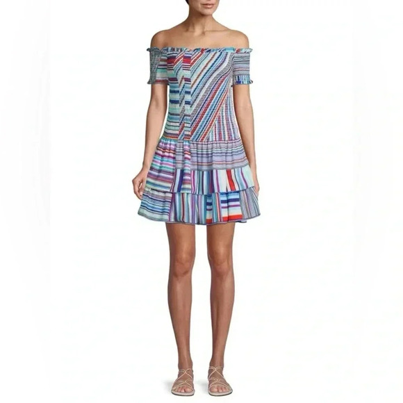 Parker Zizola Off-Shoulder Patchwork Mini Dress Blue Multi Stripe Size Small S - Picture 6 of 6